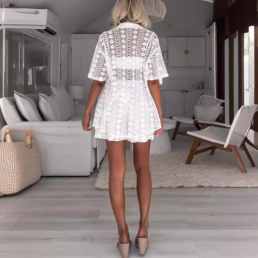 White Lace Hollow Out Cutout Short Sleeve Cardigan Shorts Two Piece Set