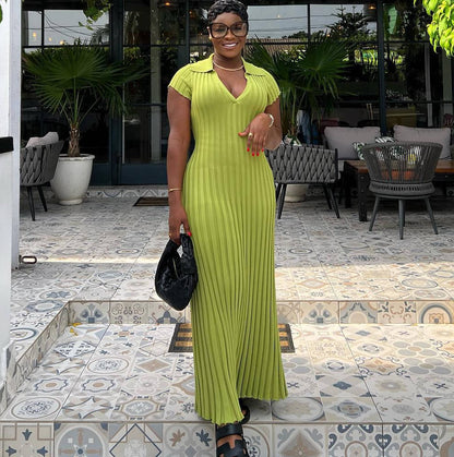 Spring Summer Knitted Dress Waist Tight Collared V Neck Sunken Stripe Slimming Knitted Maxi Dress