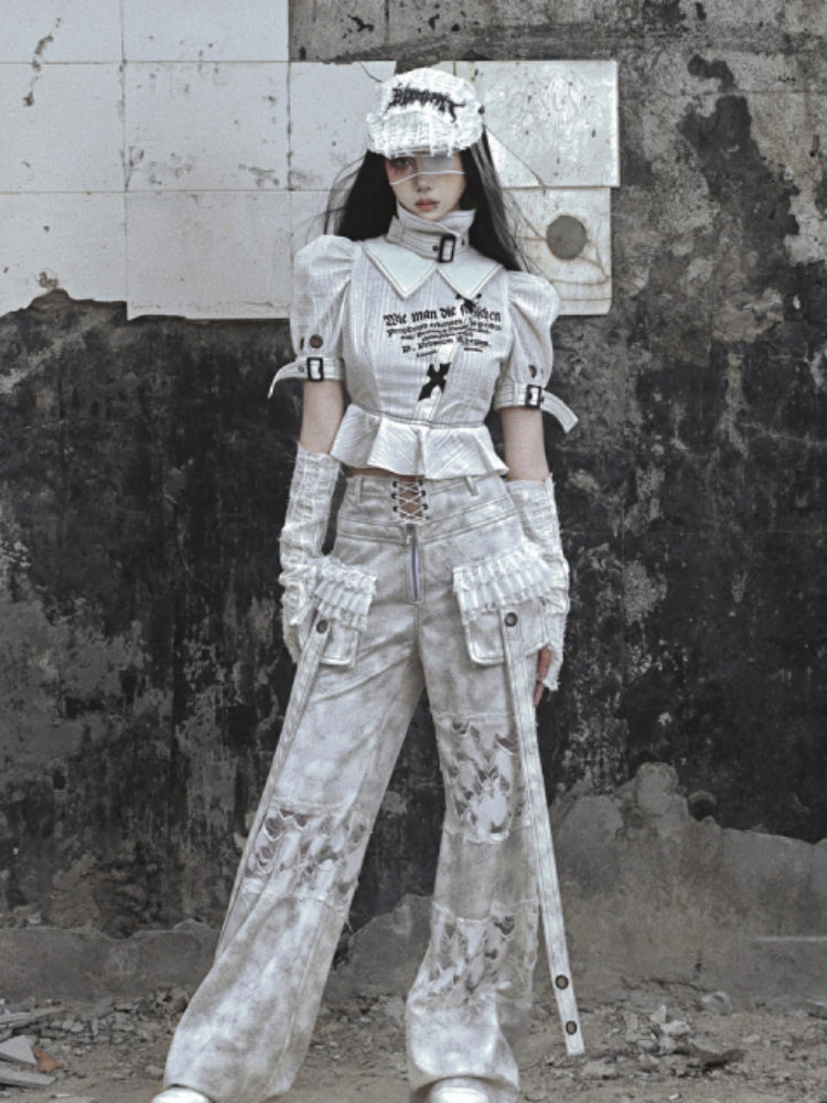Punk Text Print Puff Sleeve Blouse With Straps and Ruffled Waist Detail