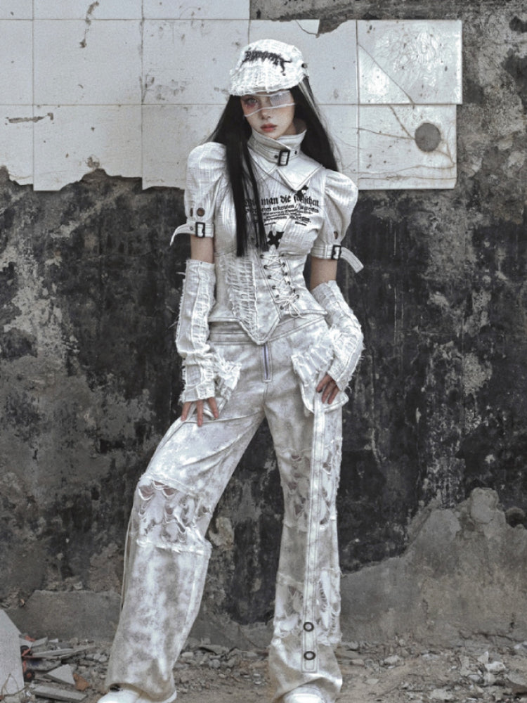 Punk Text Print Puff Sleeve Blouse With Straps and Ruffled Waist Detail