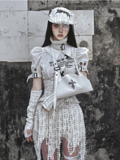 Punk Text Print Puff Sleeve Blouse With Straps and Ruffled Waist Detail