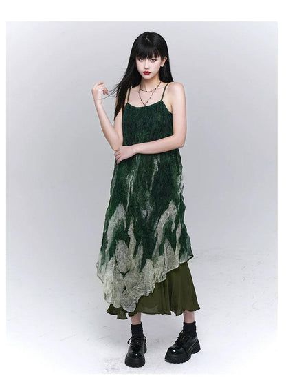 Ladyghost Forest Sprite Layered Maxi Dress - Green Ombre Tie-dye Slip Dress With Asymmetrical Hem