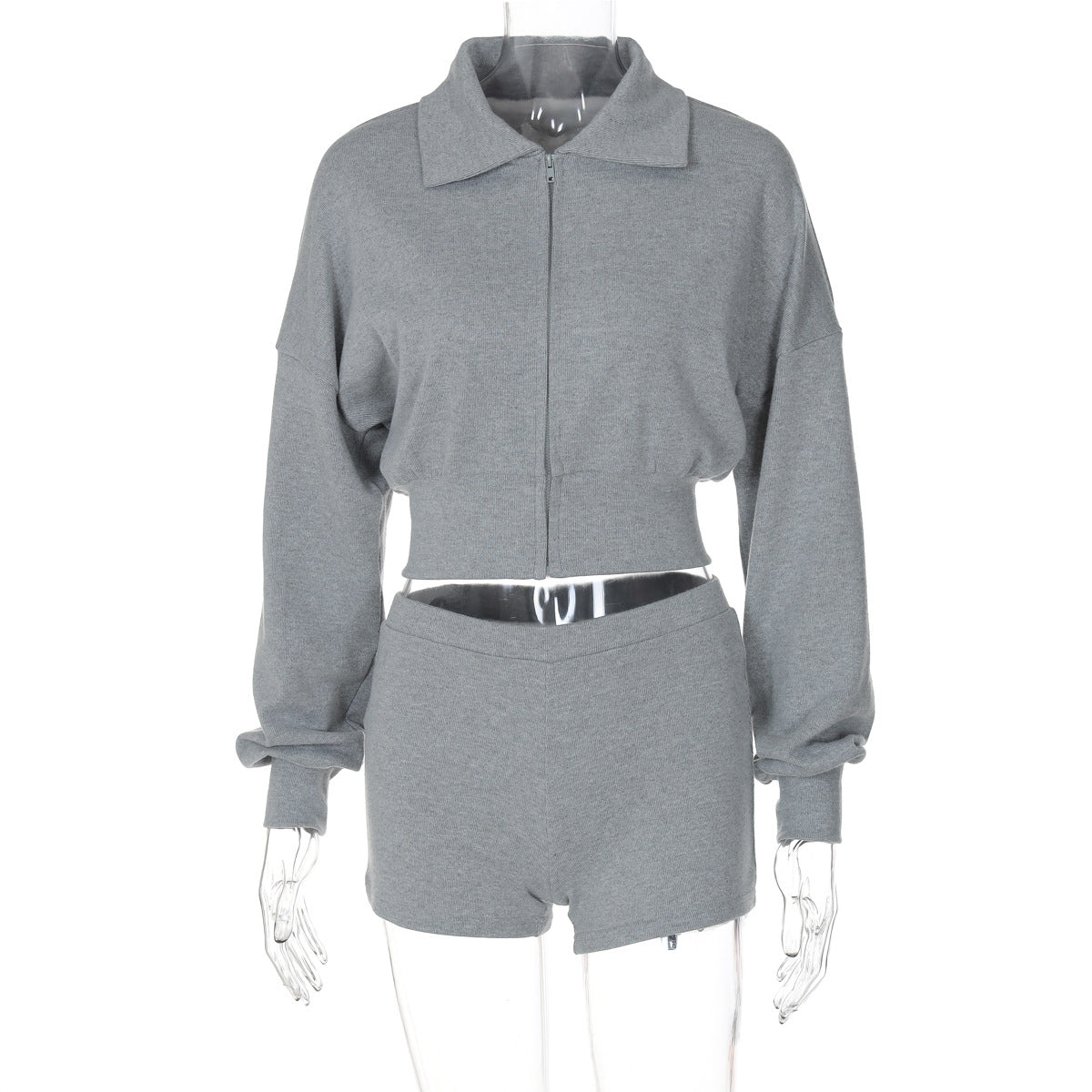 Autumn Polo Collar Long Sleeve Zipper Cardigan Sweater Ultra Short Tight Shorts Suit
