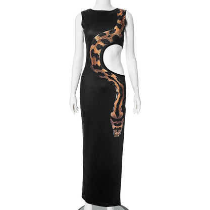 Summer Side Waist Hollow Out Cutout Python Print Slim Fit Slit Maxi Dress