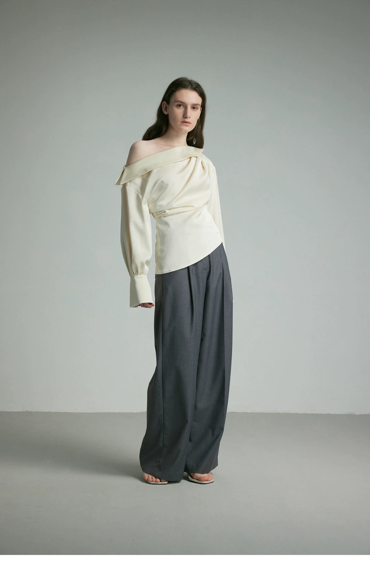 Ivory Draped Balloon Sleeve Blouse