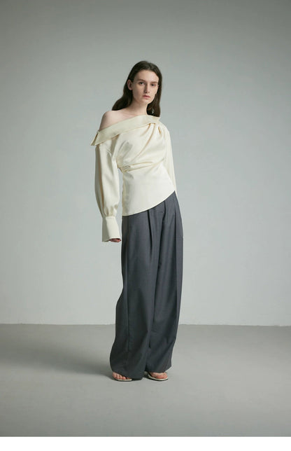 Ivory Draped Balloon Sleeve Blouse