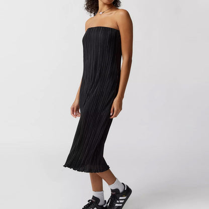 Color Pleated Tube Top Backless Maxi Dress Summer Loose Dress