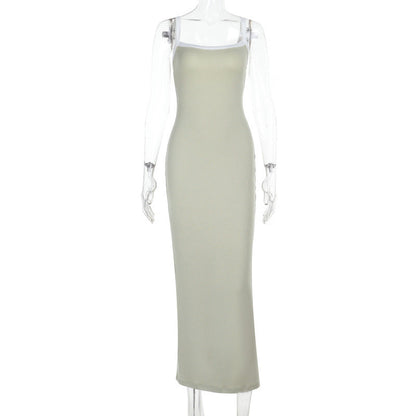 Sling Contrast Color Knitted Backless Dress Slim Fit Maxi Dress