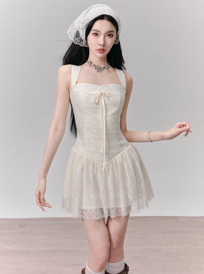 Romantic White Lace Halter Mini Dress With Front Tie