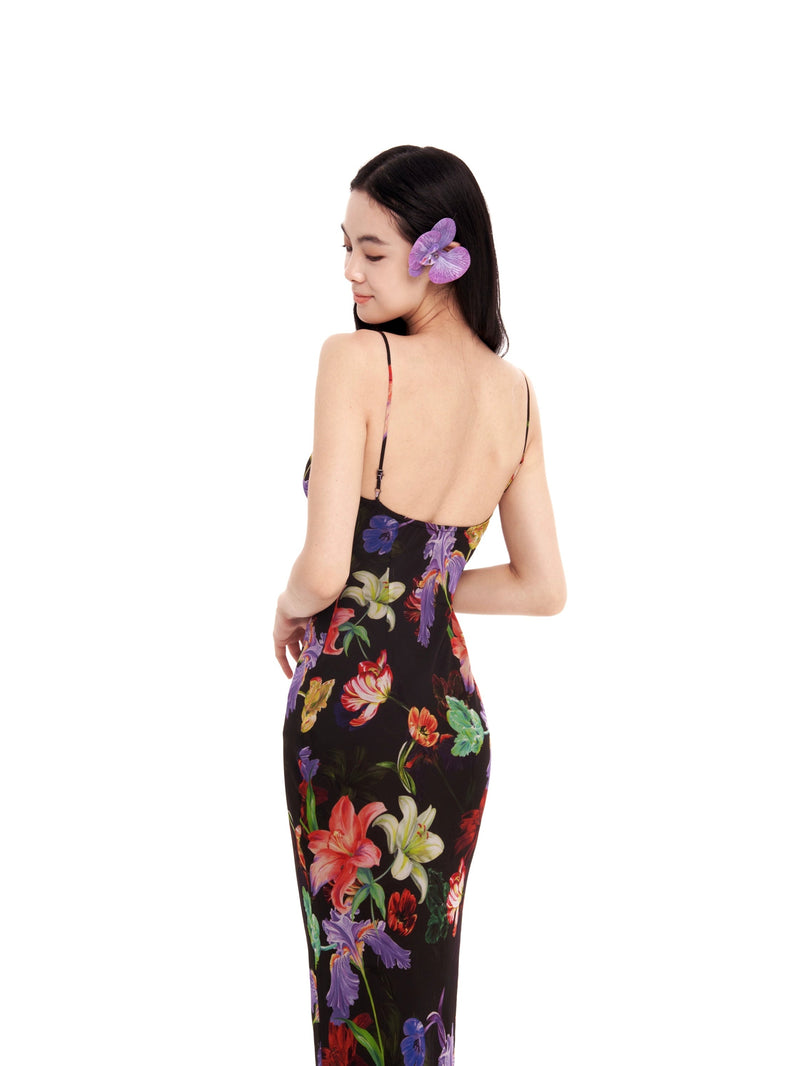 Black Tropical Print Maxi Dress