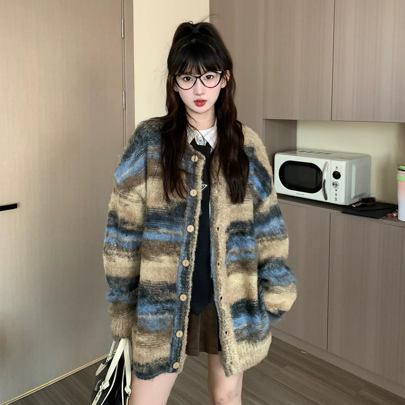 Oversized Fuzzy Striped Button-up Cardigan