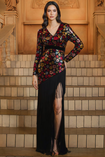 Faelan V-neck Fringe Sequin Maxi Dress
