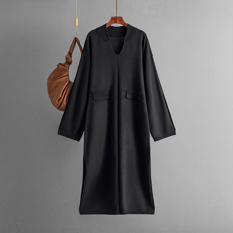 Autumn Winter V Neck Color Loose Knitted Dress Split Long Sleeve Long Dress