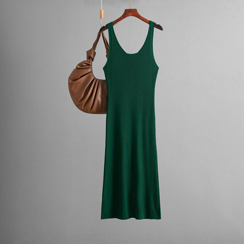 Knitted Sling Dress Summer Color Back Slit Sheath Maxi Dress