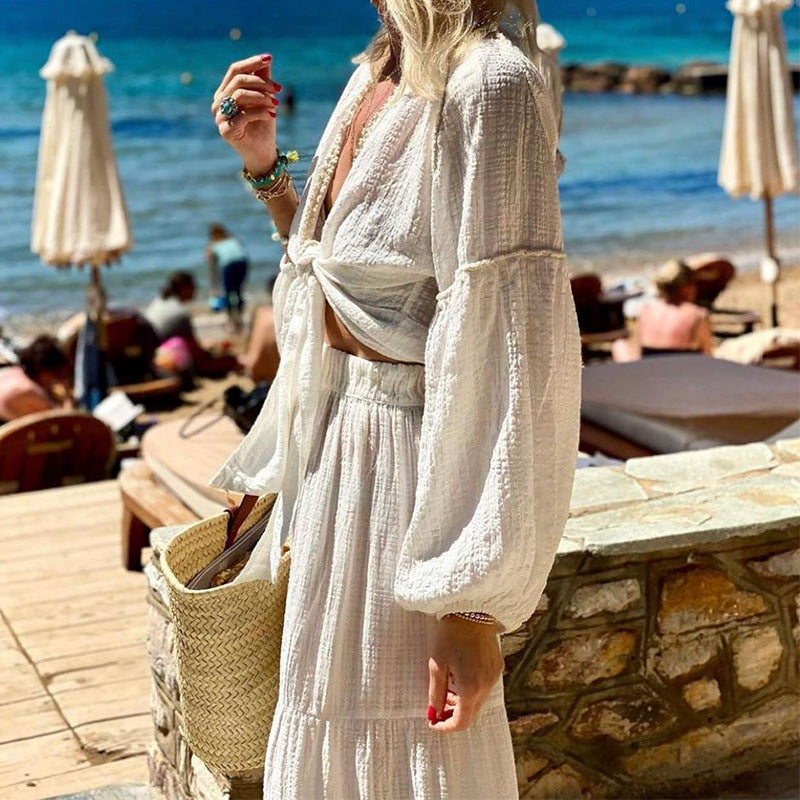 Summer Puff Sleeve Cardigan Skirt Two Piece Set