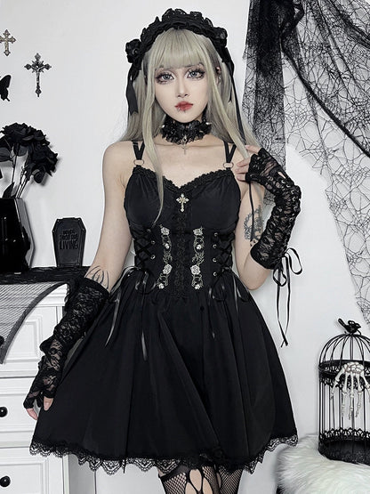 Wannathis Gothic Lolita Dress Set - Black Corset Mini Dress With Lace Bolero and Gloves