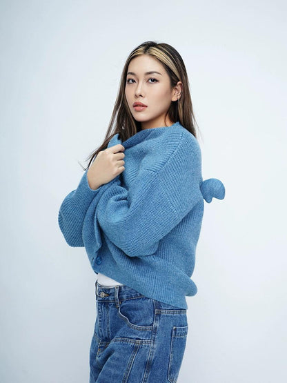 Oversized Fuzzy Cardigan With Pom-pom Detail