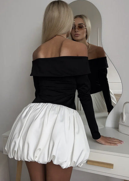 Noir Elegance - Off-shoulder Balloon Mini Dress
