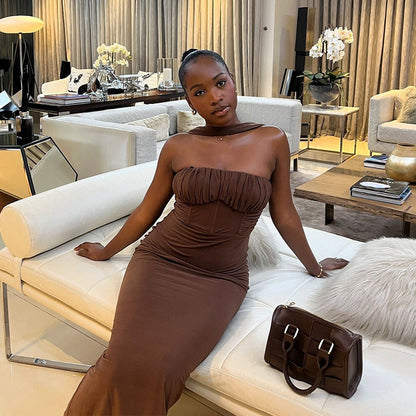 Clothing Color Dress Tube Top Halter Cold Shoulder Sleeveless Maxi Dress