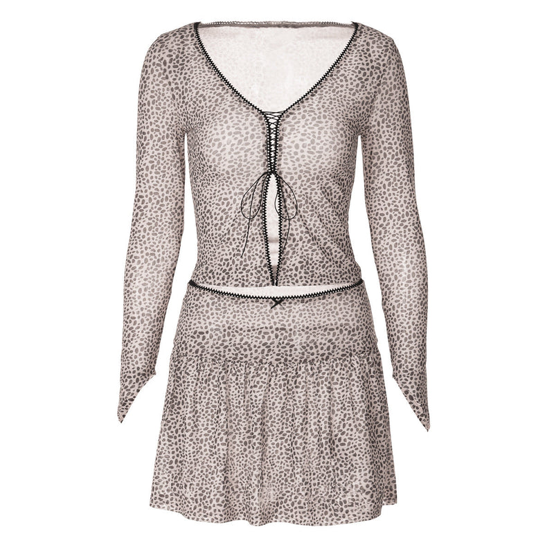 Summer Leopard Print Printed V Neck Cardigan Strap Long Sleeved T Shirt Miniskirt Set