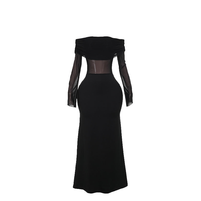 Fall Maxi Dress Slim Off Shoulder Mesh Dress