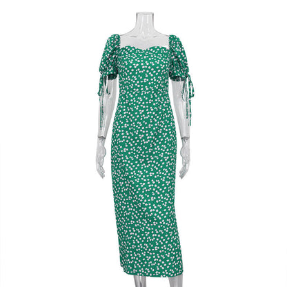 French Clothing Summer Holiday Dress Puff Sleeve Off Neck Slim Fit Long Dress
