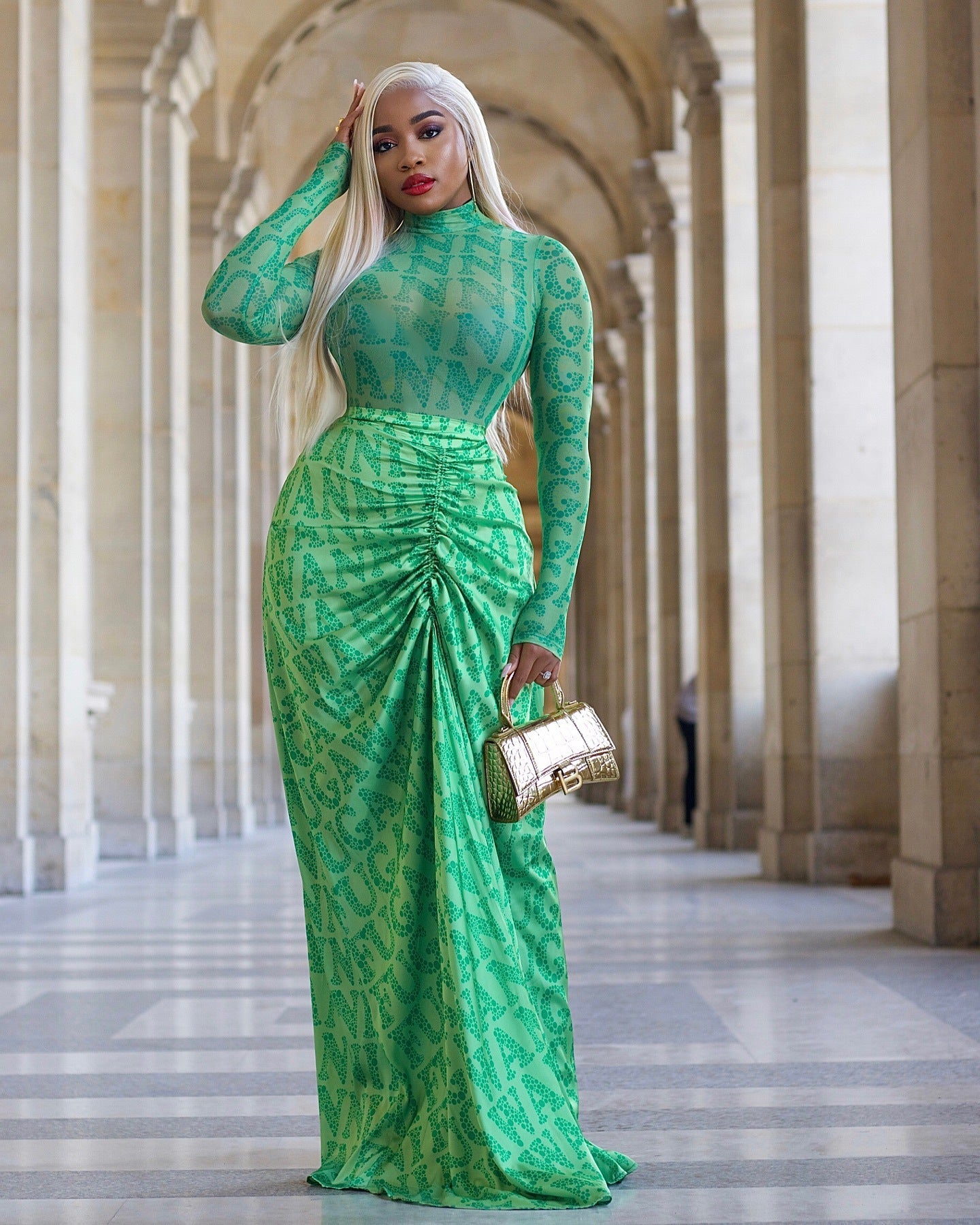 Clothing Autumn Winter Mesh Top Pleating Slim Fit Maxi Dress Two Piece Set