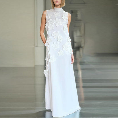 Stand Collar Sleeveless Color Dress Three Dimensional Collage Design Maxi Dress