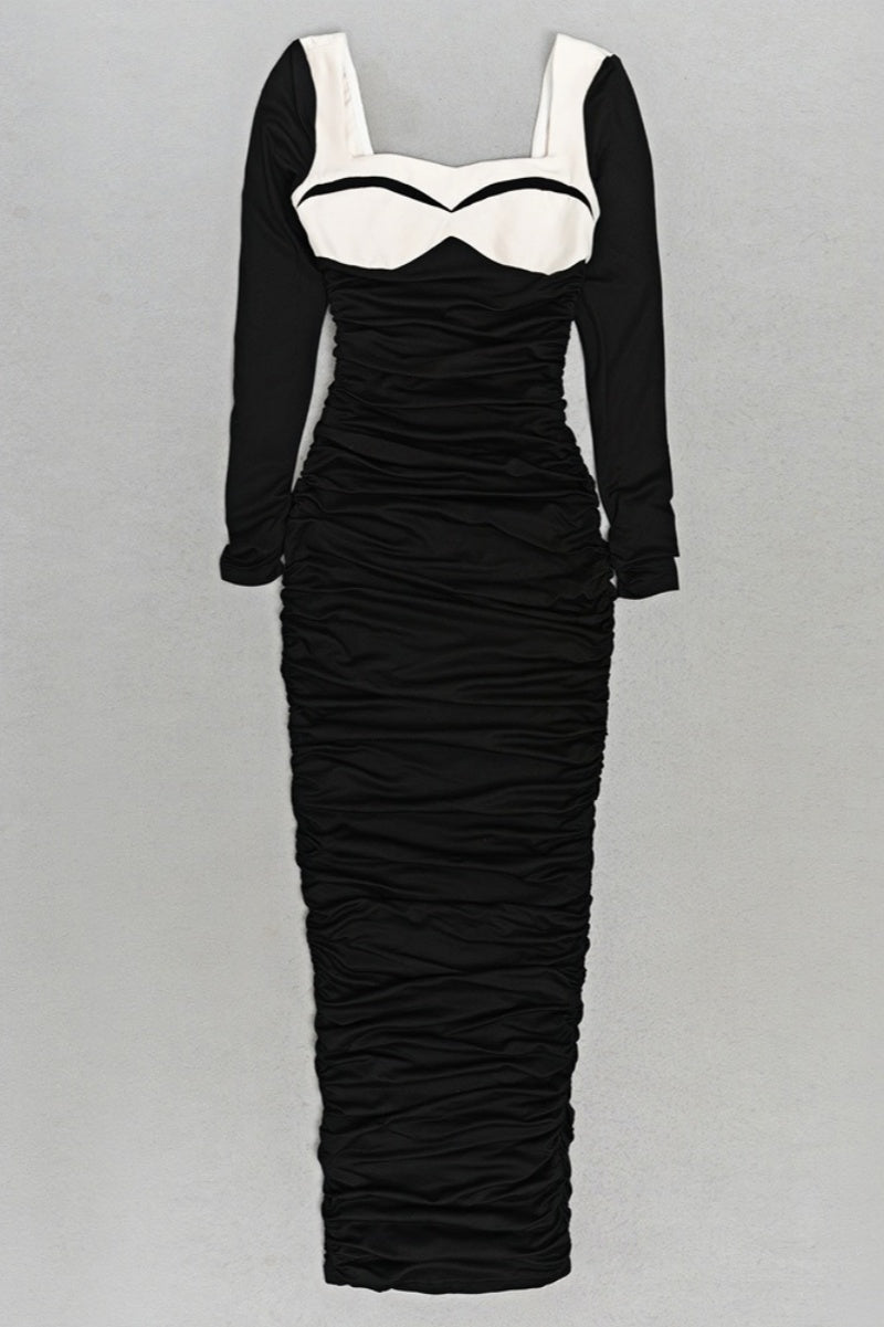 Lolic Long Sleeve Square Collar Ruched Hem Knit Maxi Dress