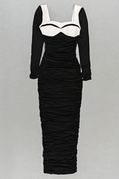 Lolic Long Sleeve Square Collar Ruched Hem Knit Maxi Dress