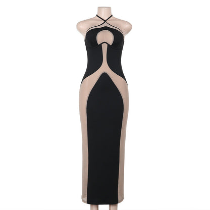 Fall Maxi Dress Halter Sling Slim Fit Hollow Out Cutout Dress