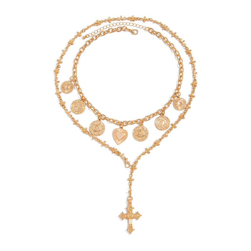 Alexia Layered Heart Cross Necklace