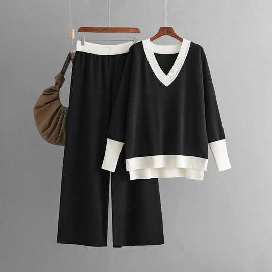 Set Autumn Winter V Neck Contrast Color Knitwear Loose Wide Leg Pants Two Piece Set