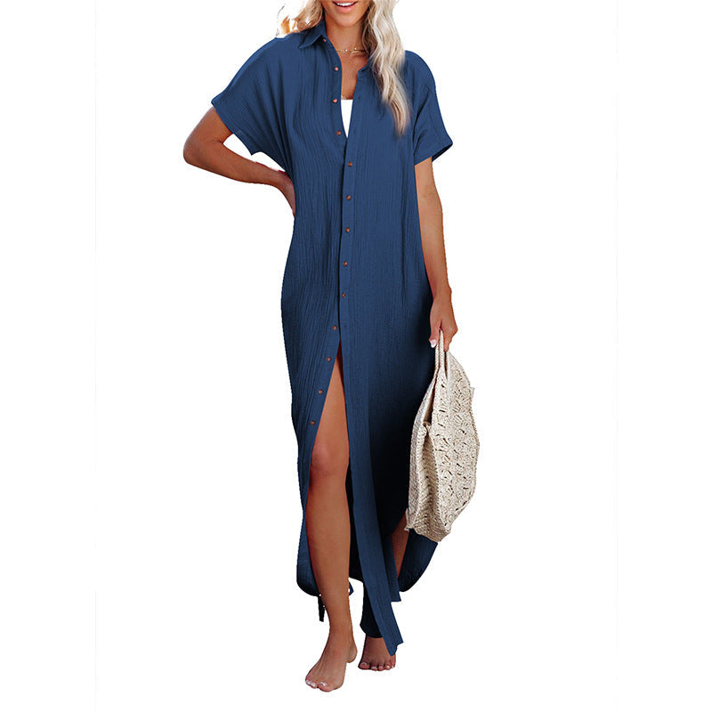 Color Shirt Simple Summer Long V-neck Single Breasted Short Sleeve Cardigan Shirt