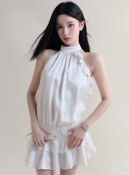 Fragile Heart White Halter Neck Ruffle Mini Dress With Belted Waist