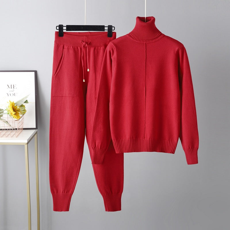 Set Autumn Winter Turtleneck Color Sweaters Two Piece Set