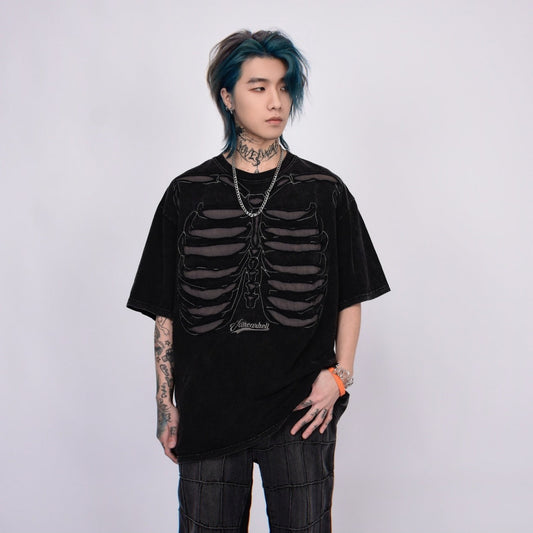Skeleton Ribcage Mesh Cutout Oversized T-shirt