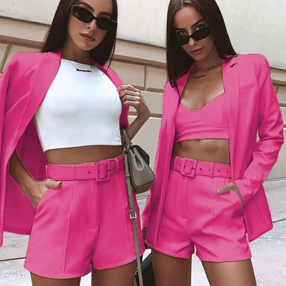 Top Shorts Suit With Belt Polo Collar Cardigan