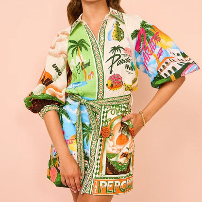 Clothing Printing Shirt Cardigan 3/4 Sleeve Office Dress