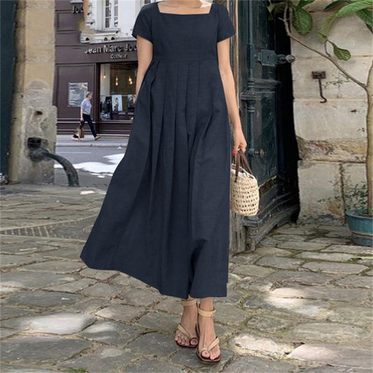 Stripes Short Sleeves Pockets Maxi Dress