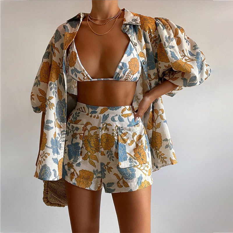 Spring Loose Printed Shirt Camisole Shorts Three Piece Set