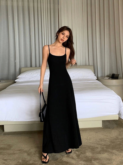 Summer Black Slimming Spaghetti Strap Maxi Dress