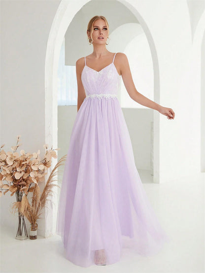 Suspender Evening Dress Mesh Cross Fold Lace Contrast Color Maxi Dress Summer