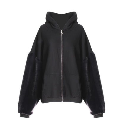 Winter Hooded Fleece Lined Furry Sleeves Sweatshirt Idle Loose Sleeve Length Cardigan Outerwear Top