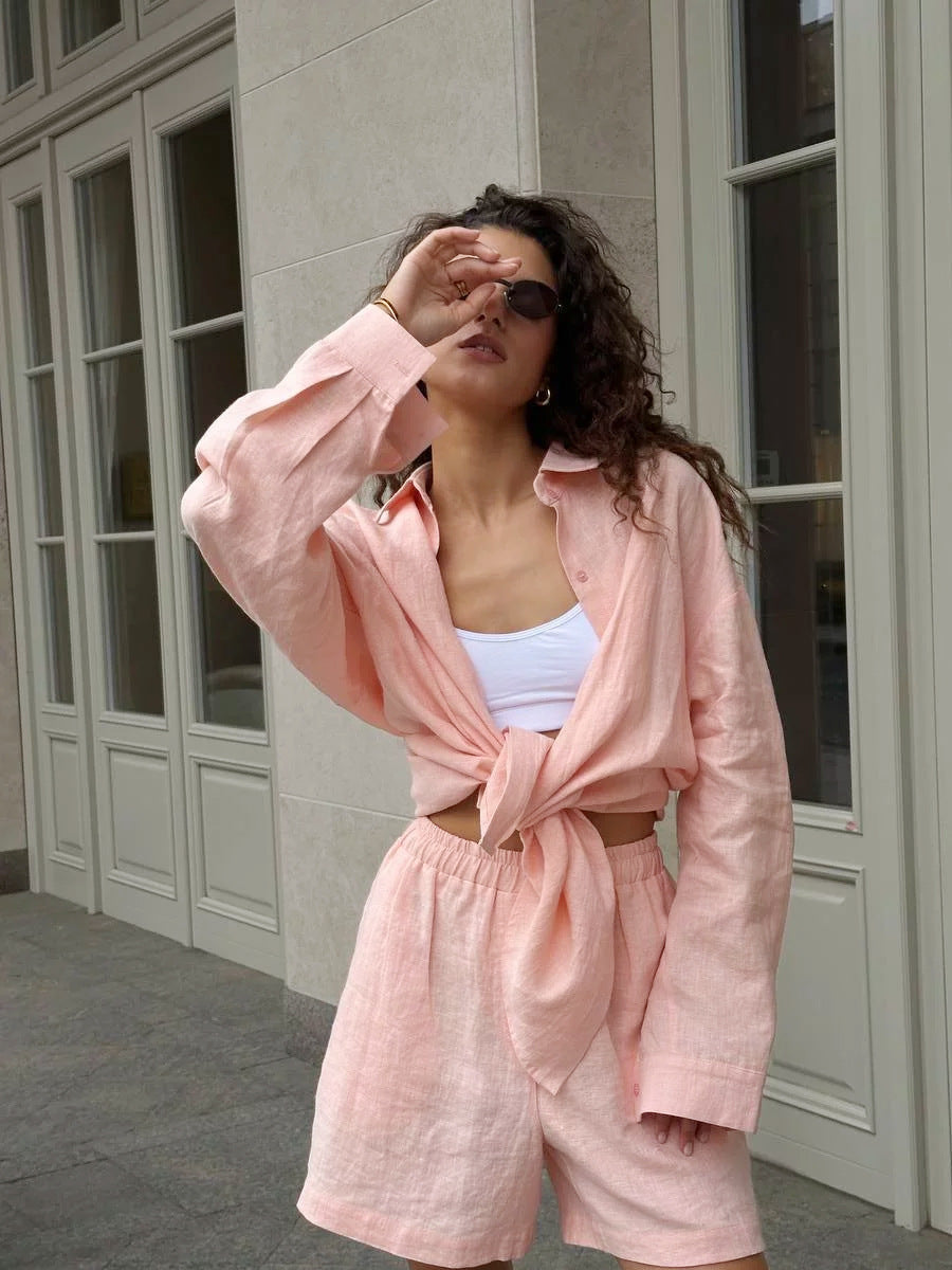Cotton Button Cardigan Long Sleeve Shorts Autumn Winter Simple Color Two Piece Sets