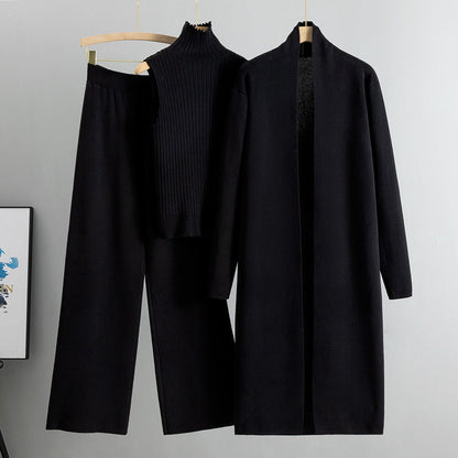 Spring Loose Knitting Suit Long Shawl Cardigan Turtleneck Vest Wide Leg Pants Three Piece Set
