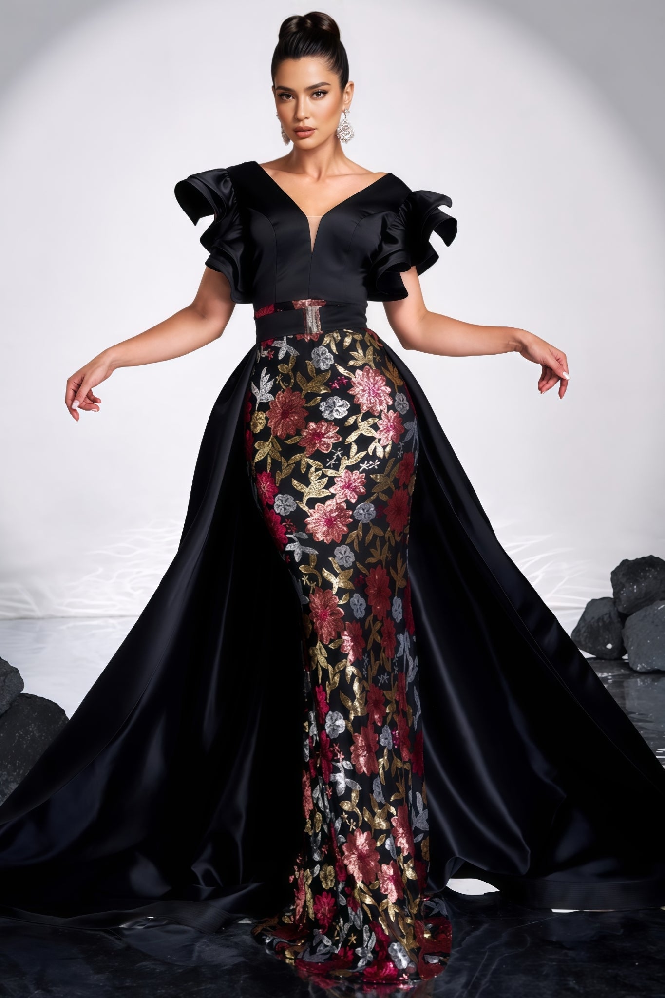 Ariasd Black Sequin Flower Maxi Dress