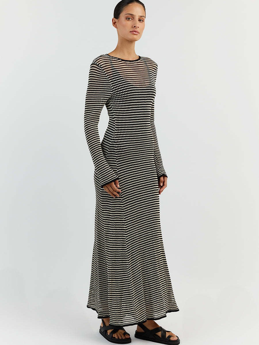 Mesh Striped Beach Vacation Knitted Hollow Outmaxi Dress