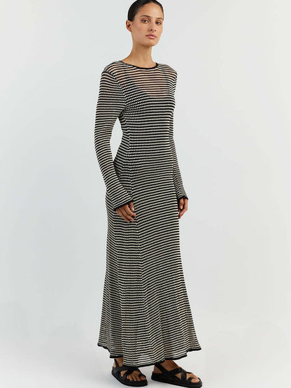 Mesh Striped Beach Vacation Knitted Hollow Outmaxi Dress