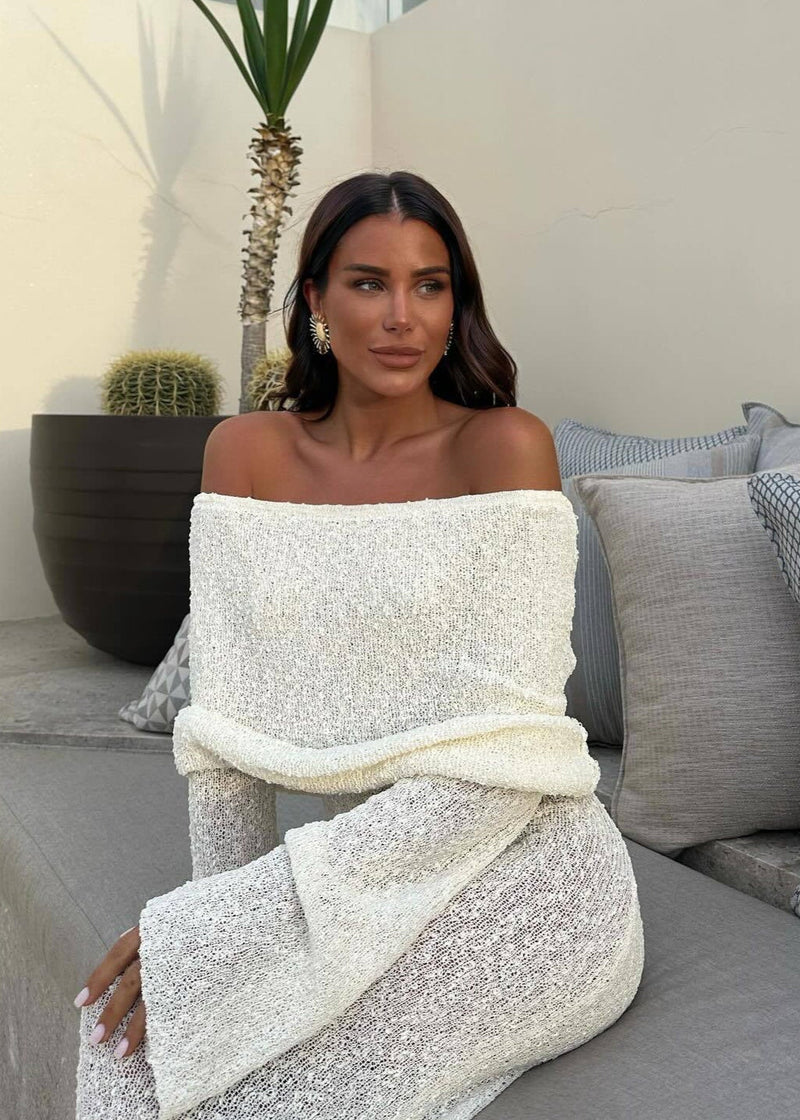Lumière - Off-shoulder Shimmer Knit Maxi Dress